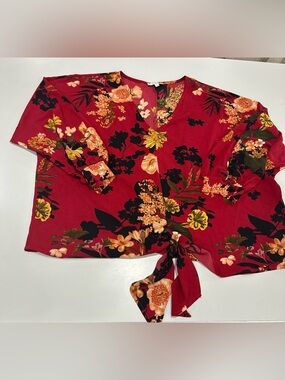 Umgee Red Floral Tie-Front V-Neck Blouse
